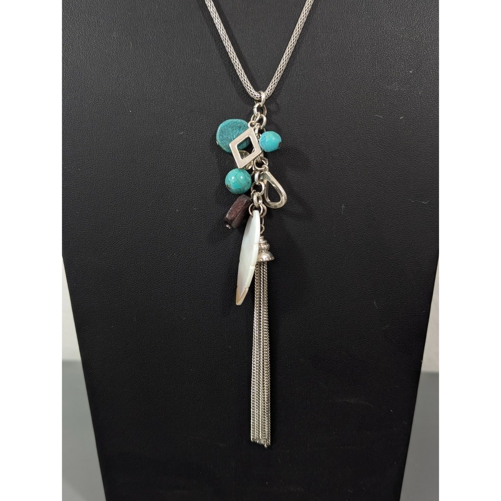 Beachy Boho Faux Turquoise Shell Cluster Charm Long Chain Necklace Tasssel 36"